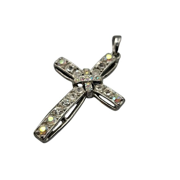 Aurora Borealis Cross Pendant Silver Tone Lots of Sparkle & Color - Picture 11 of 12